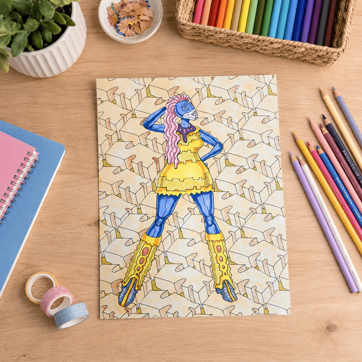 A colored Robot Runway fashion page on a craft table with pencils