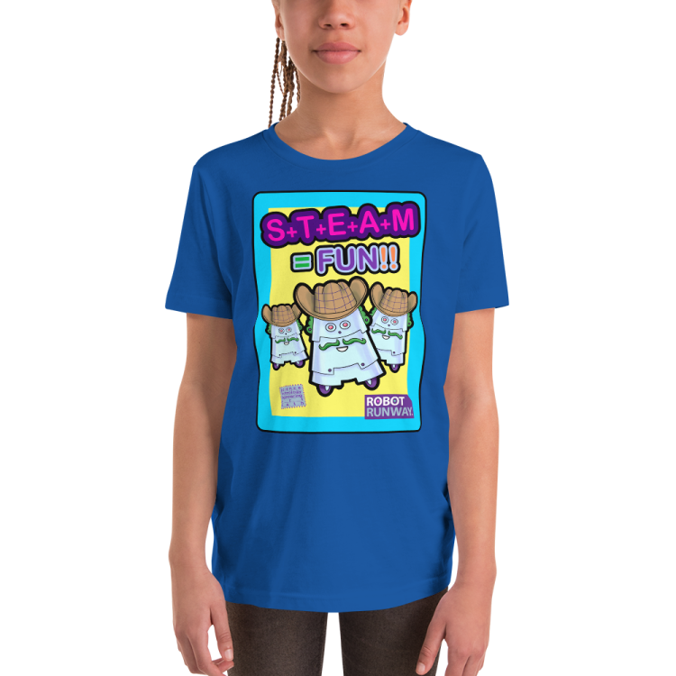 Robot Runway® STEAM Equals Fun Captain Sheriff© with blue border – Youth Short Sleeve T-Shirt