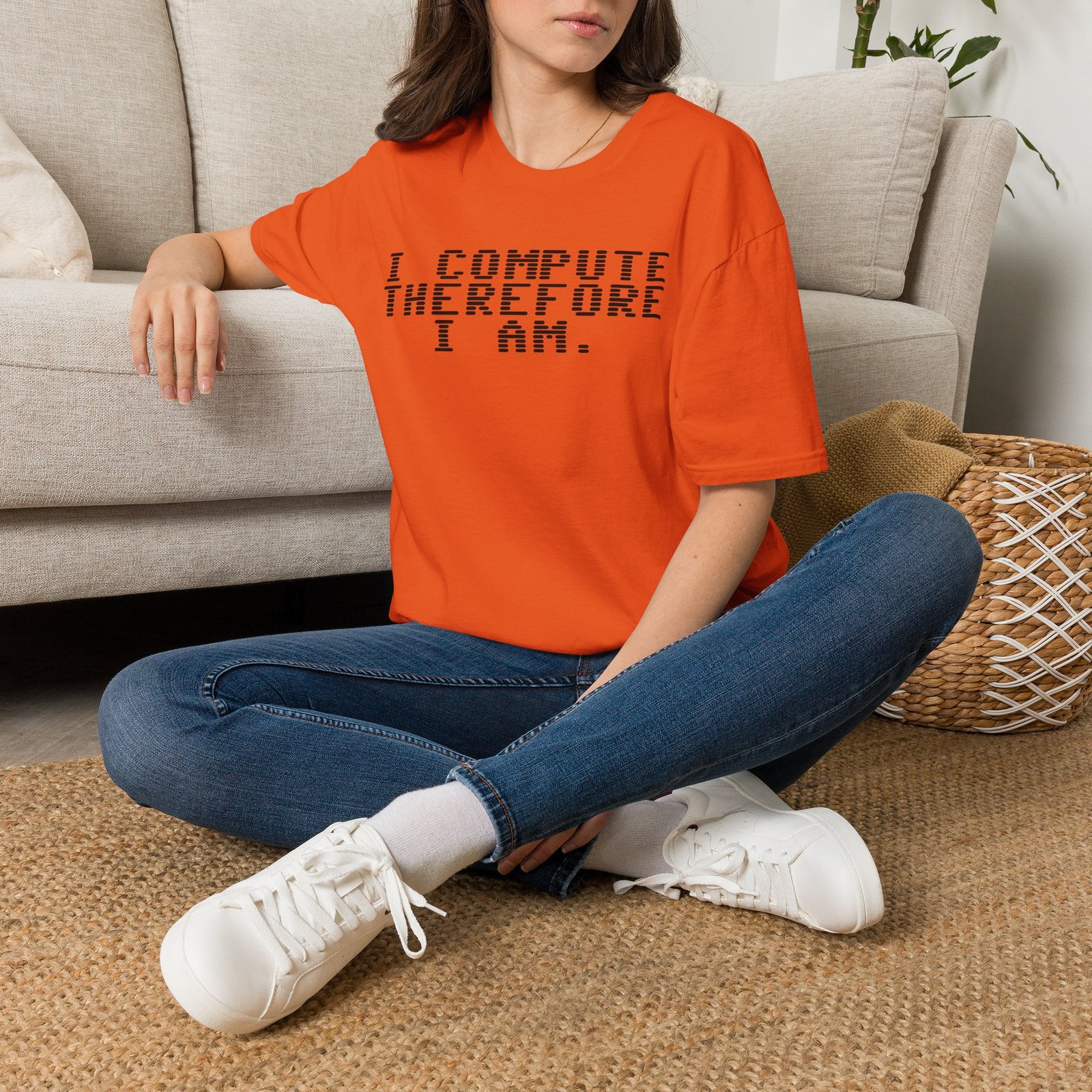 Robot Runway® Computer Science T-Shirt — "I Compute Therefore I Am" Black Text Retro Pixel Tee - Image 22