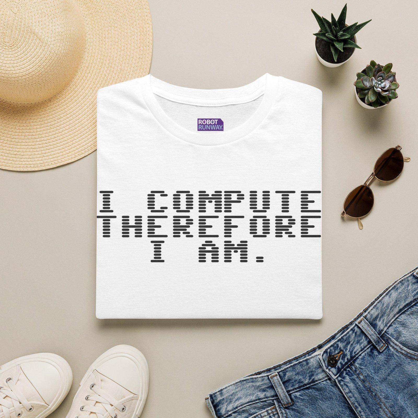 Robot Runway® Computer Science T-Shirt — "I Compute Therefore I Am" Black Text Retro Pixel Tee - Image 2