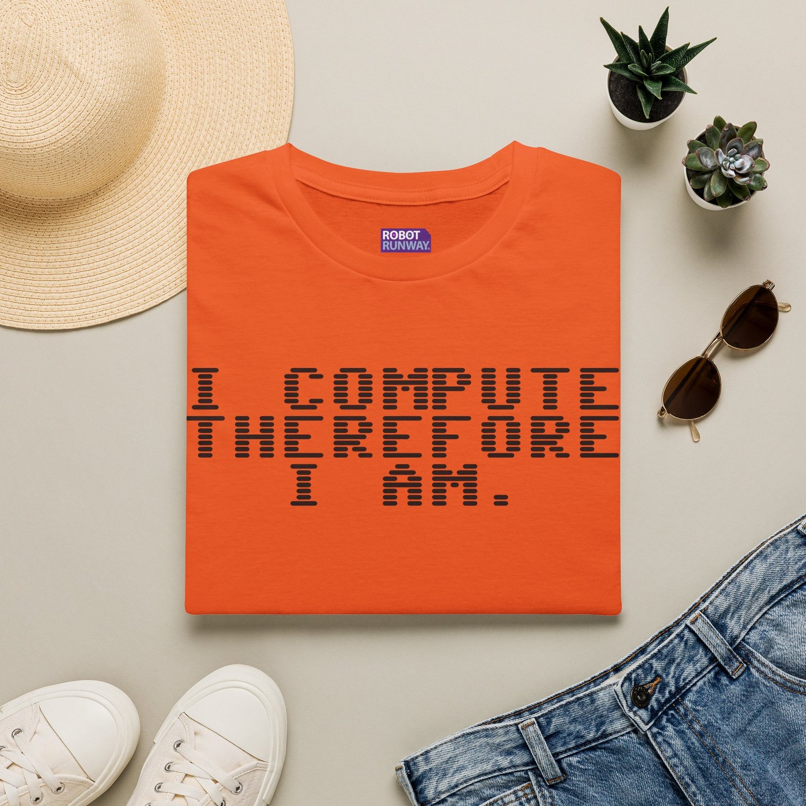 Robot Runway® Computer Science T-Shirt — "I Compute Therefore I Am" Black Text Retro Pixel Tee - Image 21