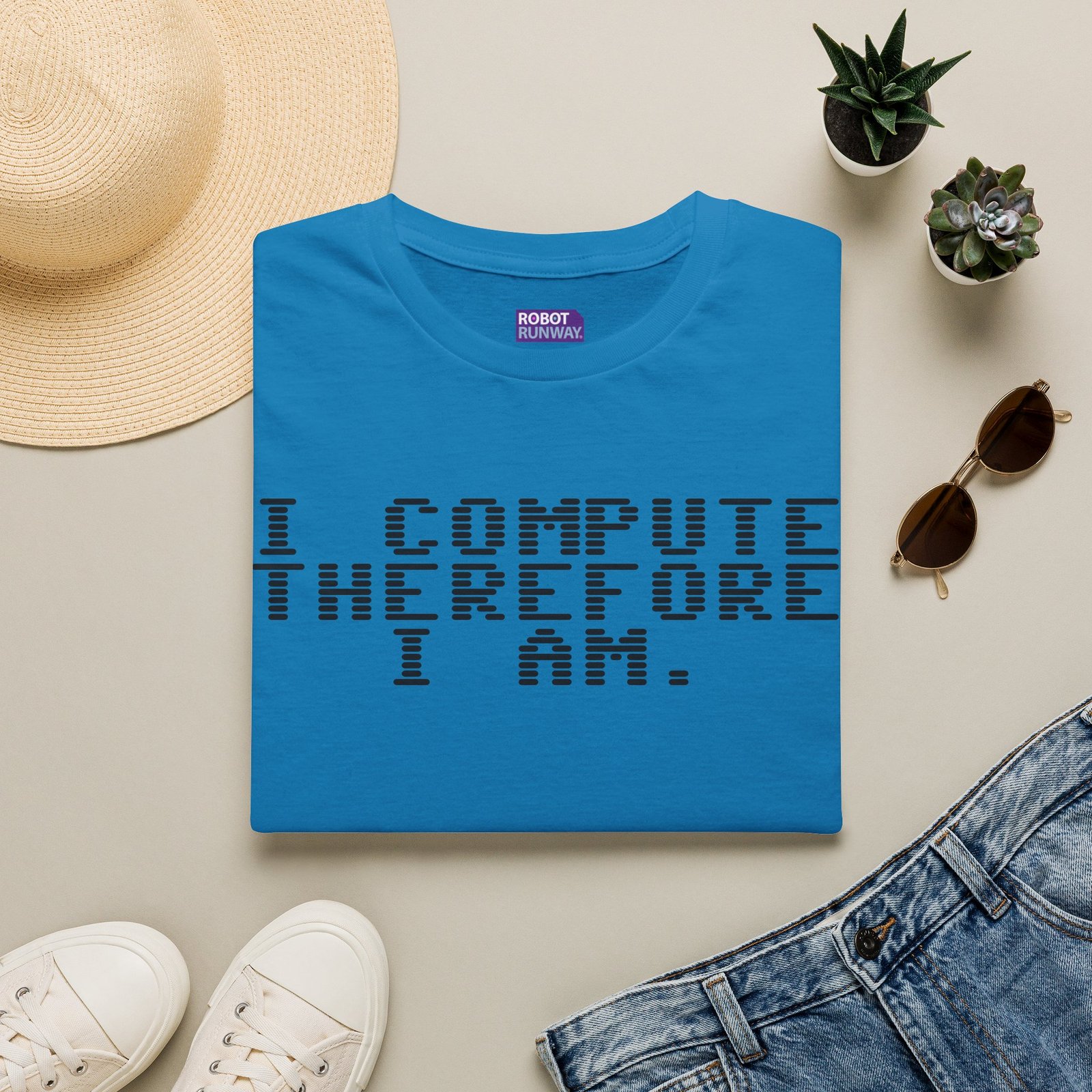 Robot Runway® Computer Science T-Shirt — "I Compute Therefore I Am" Black Text Retro Pixel Tee - Image 17