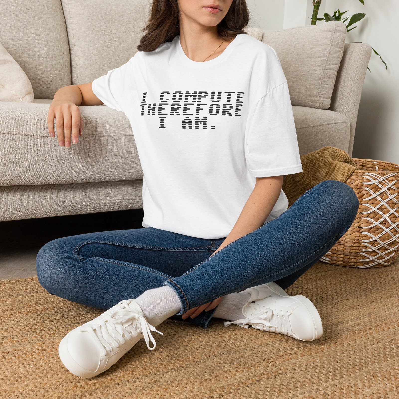 Robot Runway® Computer Science T-Shirt — "I Compute Therefore I Am" Black Text Retro Pixel Tee - Image 3