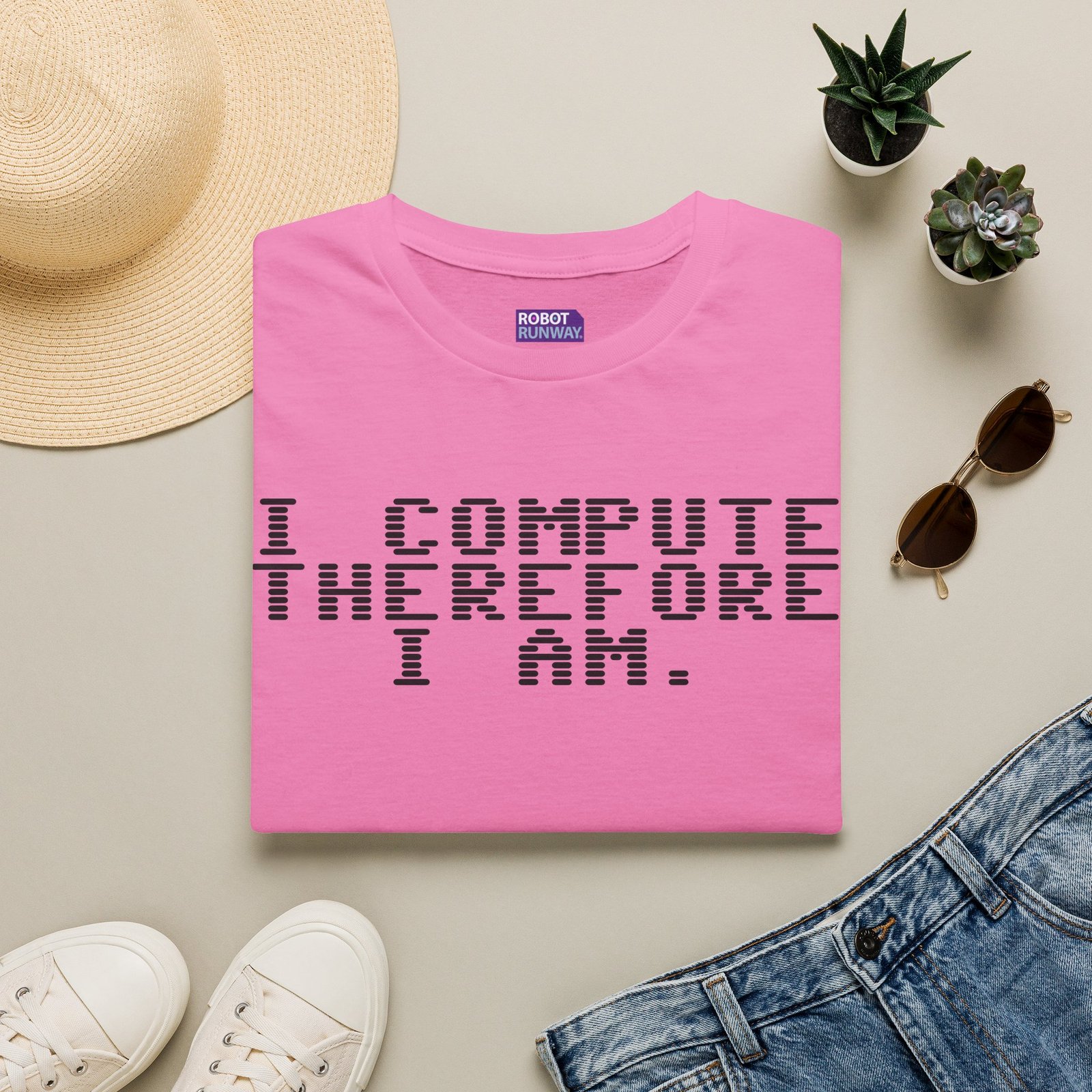 Robot Runway® Computer Science T-Shirt — "I Compute Therefore I Am" Black Text Retro Pixel Tee - Image 9